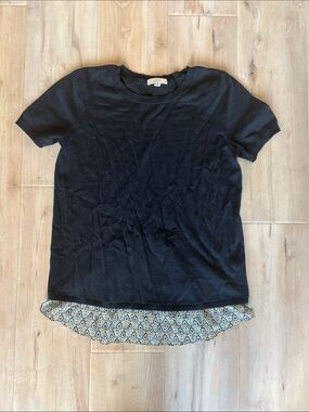 LOFT Black Short-Sleeve Top with Patterned Layered Hem